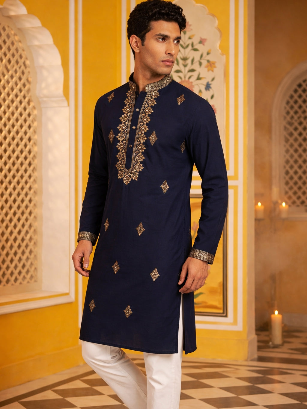 Men Japanese Fabric Embroidered Kurta Set ( 65KP 5473Navy S ) [FF] [H-10]