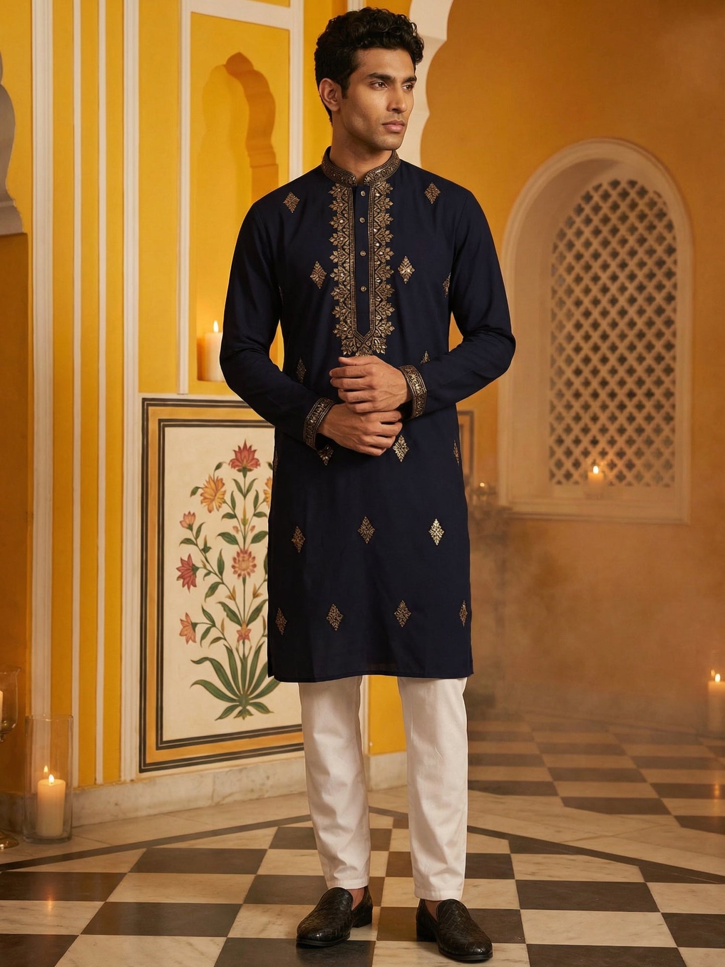 Men Japanese Fabric Embroidered Kurta Set ( 65KP 5473Navy S ) [FF] [H-10]