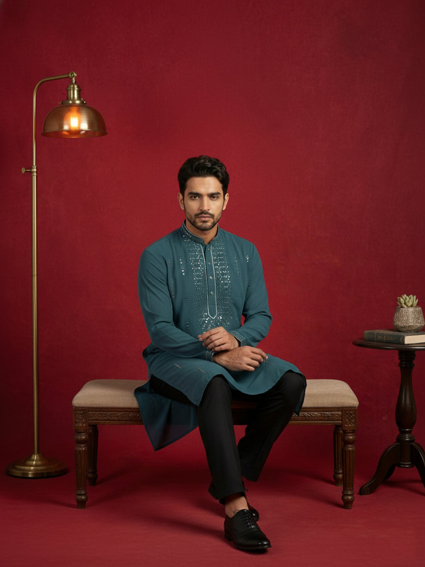Men Japanese Imported Embroidered Kurta Set ( 65KP 5474Blue S ) [FF] [I-1]