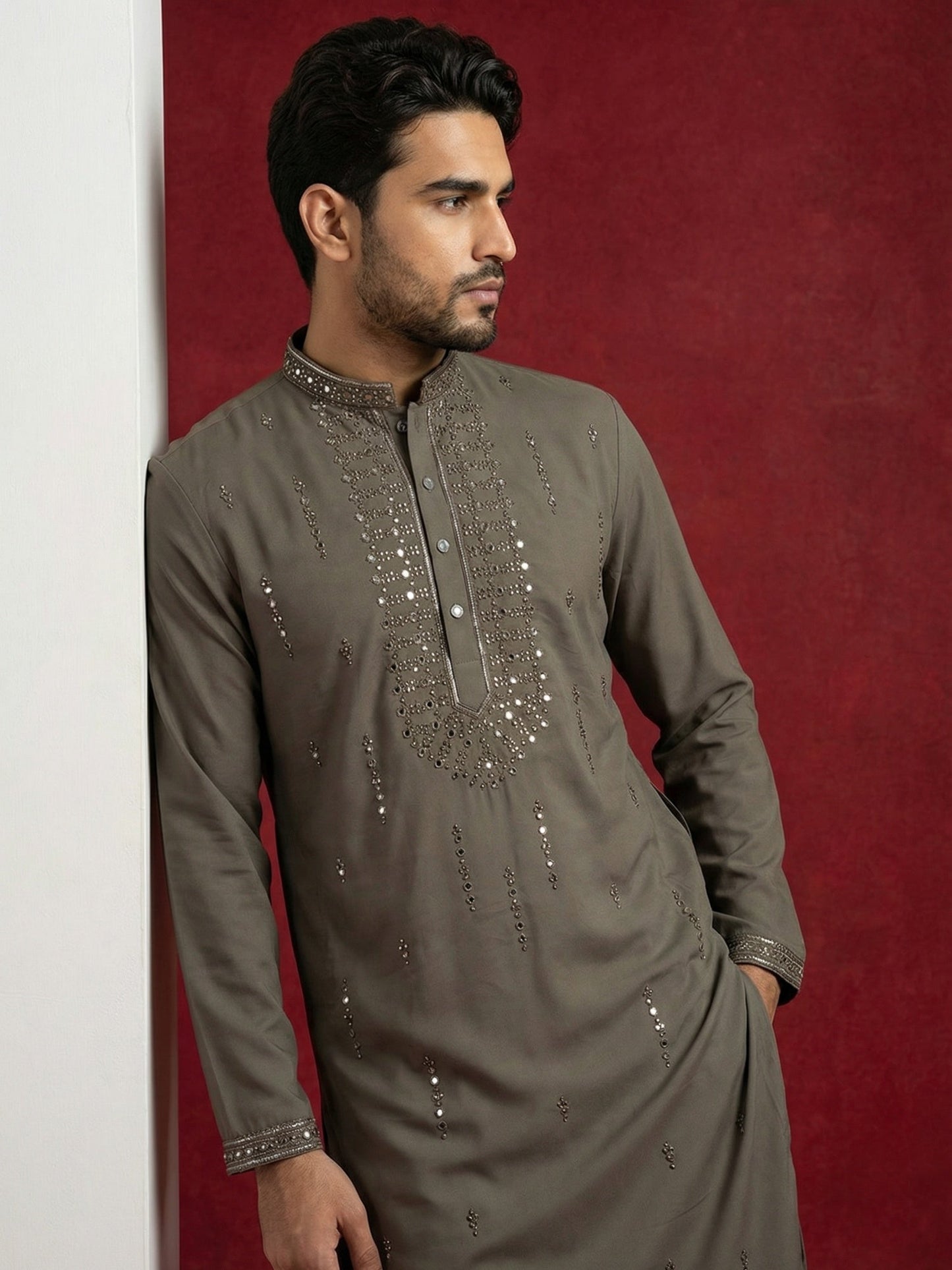 Men Japanese Imported Embroidered Kurta Set ( 65KP 5474Brown S ) [FF] [I-1]