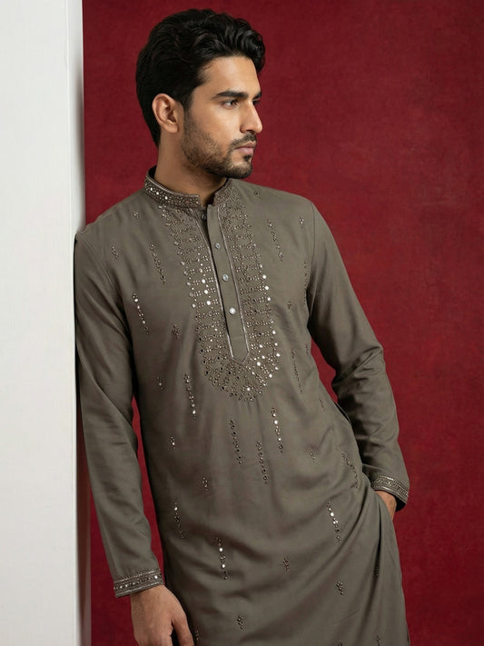 Men Japanese Imported Embroidered Kurta Set ( 65KP 5474Brown S ) [FF] [I-1]