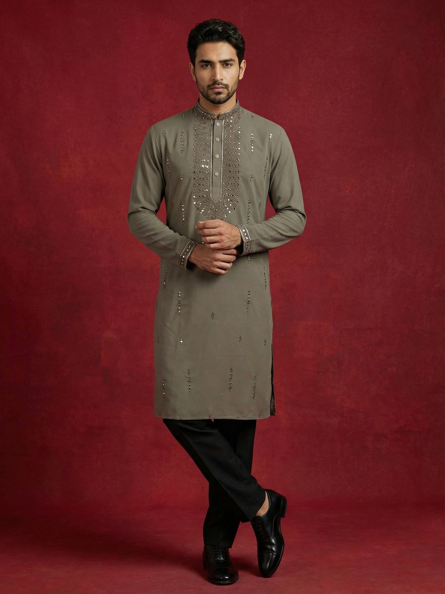 Men Japanese Imported Embroidered Kurta Set ( 65KP 5474Brown S ) [FF] [I-1]