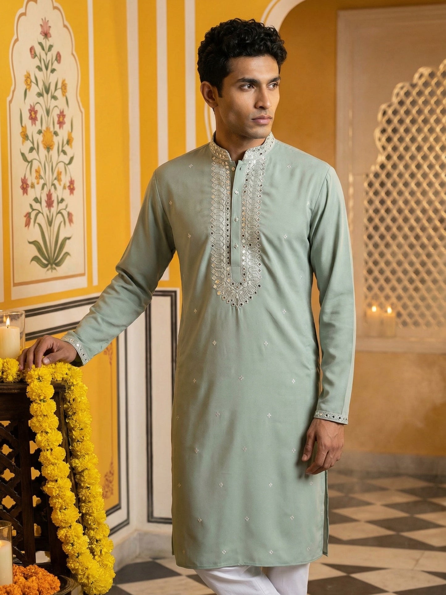 Men Japanese Fabric Embroidered Kurta Set ( 65KP 5475Green S )
