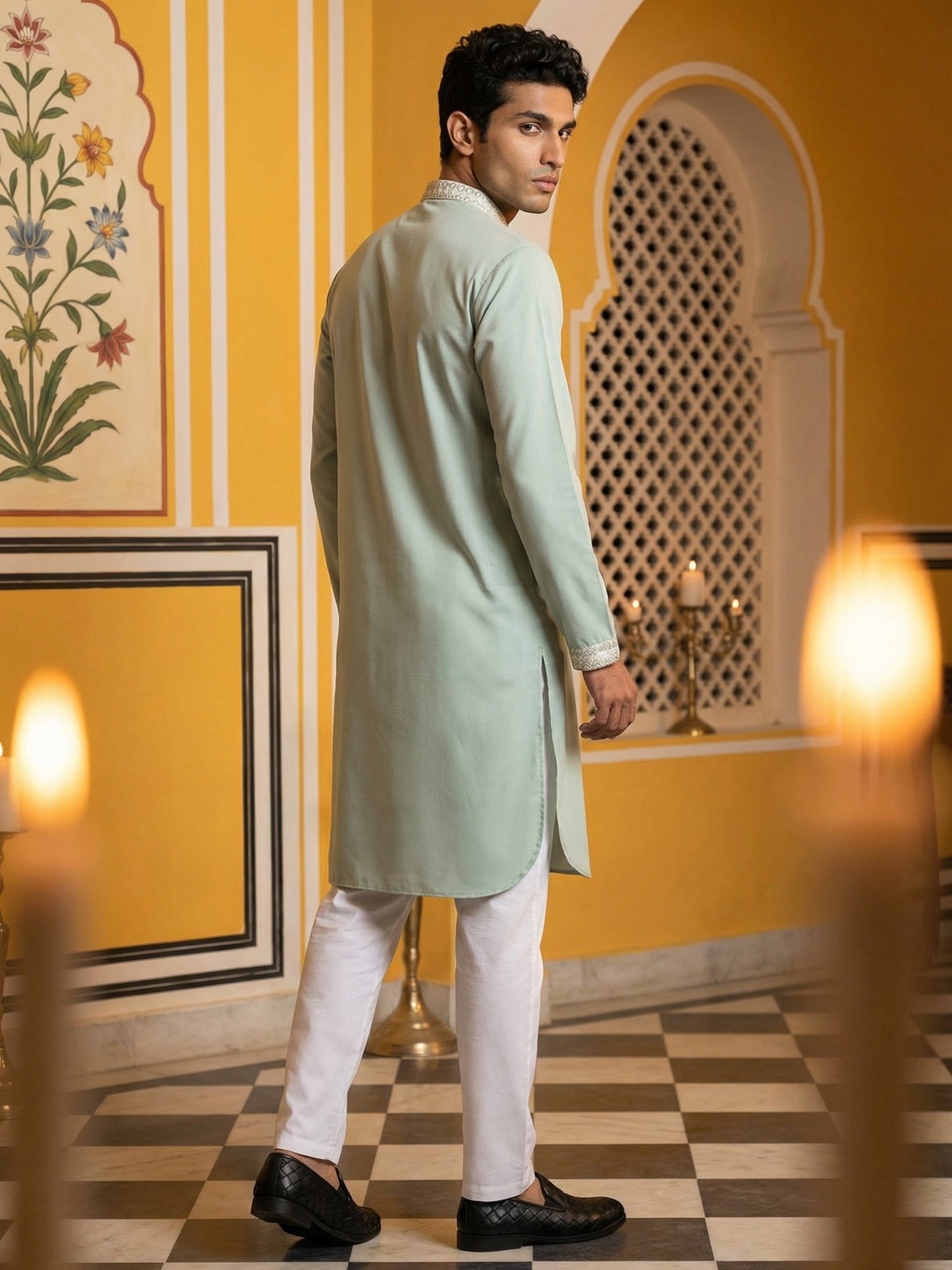 Men Japanese Fabric Embroidered Kurta Set ( 65KP 5475Green S )