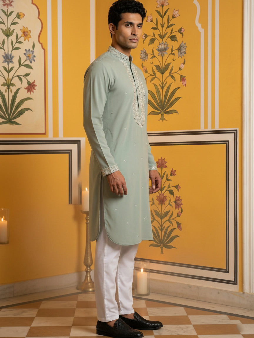 Men Japanese Fabric Embroidered Kurta Set ( 65KP 5475Green S )