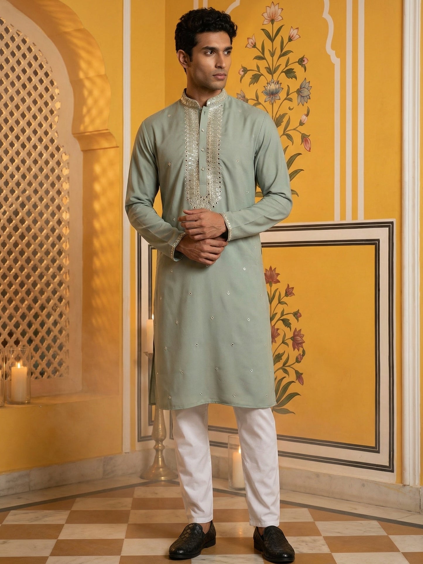 Men Japanese Fabric Embroidered Kurta Set ( 65KP 5475Green S )
