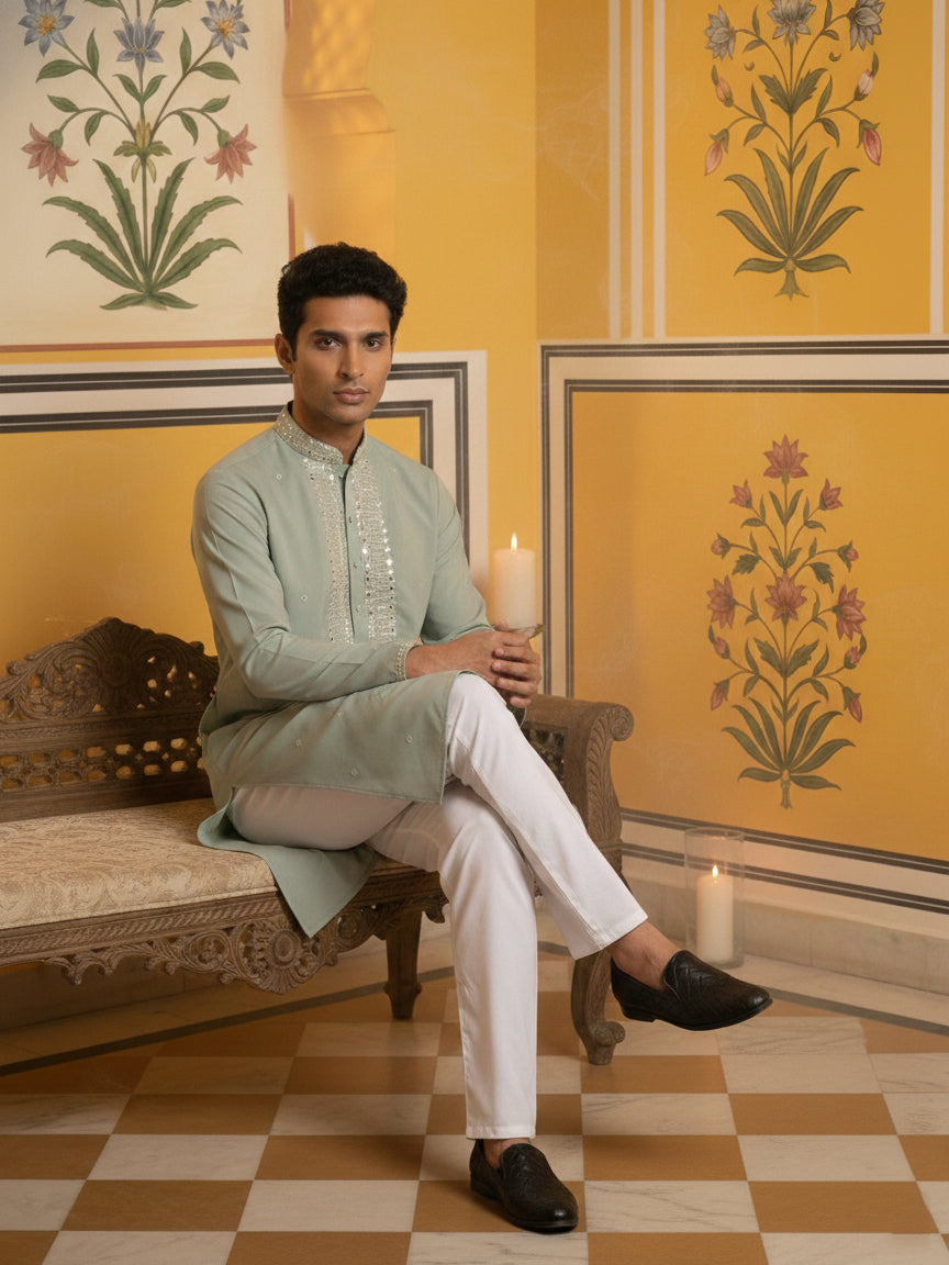 Men Japanese Fabric Embroidered Kurta Set ( 65KP 5475Green S )