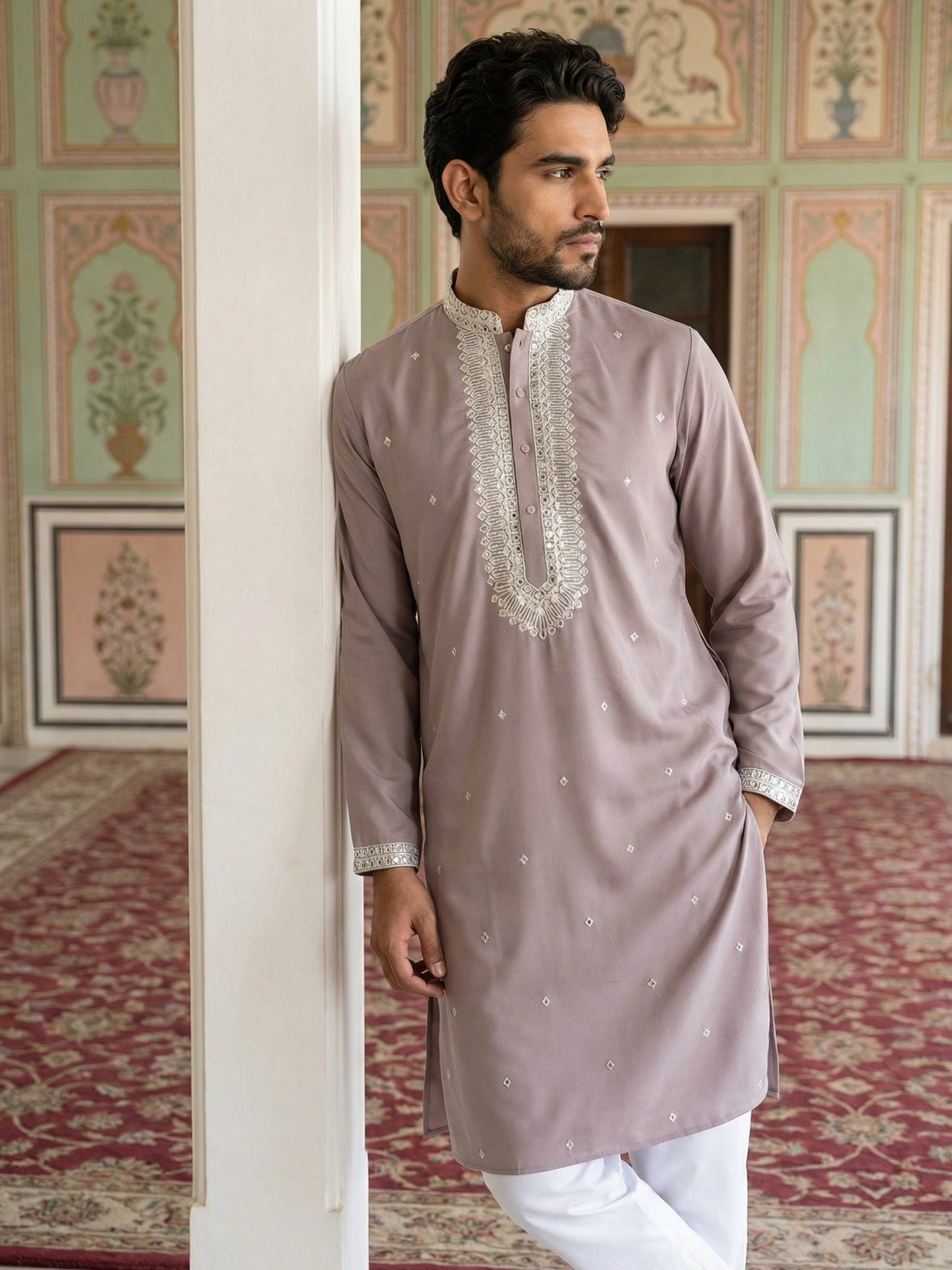 Men Japanese Fabric Embroidered Kurta Set ( 65KP 5475Magenta S )