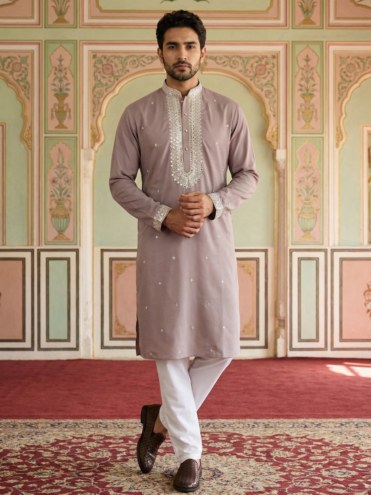 Men Japanese Fabric Embroidered Kurta Set ( 65KP 5475Magenta S )