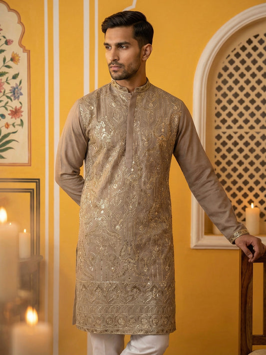 Embroidered Silk Blend Kurta Set for Men ( 65KP P 5489Brown ) [FF] [A-1-4]