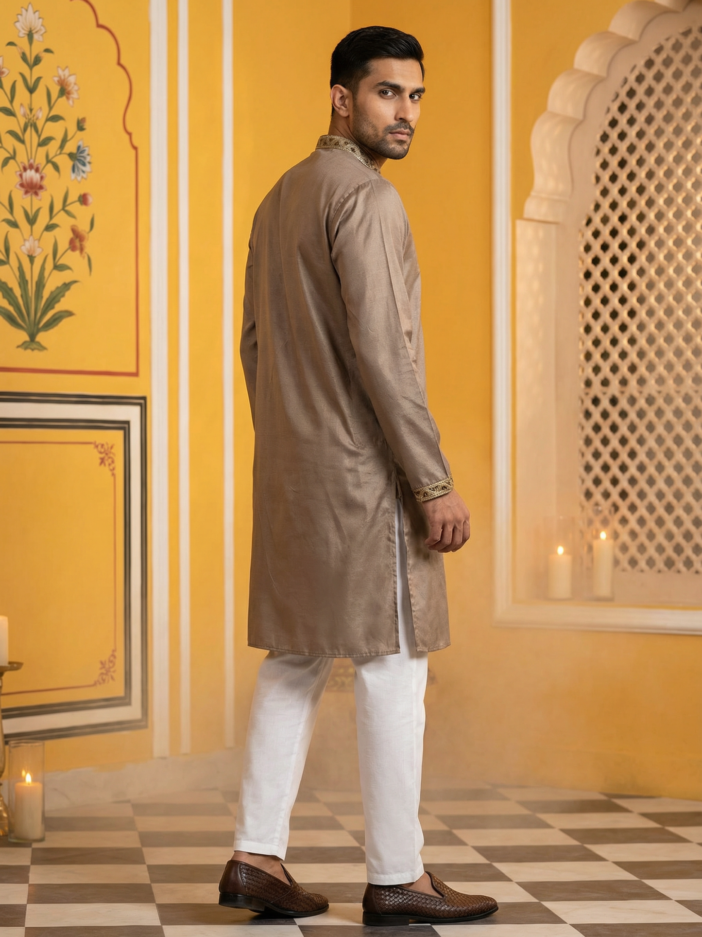 Embroidered Silk Blend Kurta Set for Men ( 65KP 5489Brown ) [FF] [A-1-4]