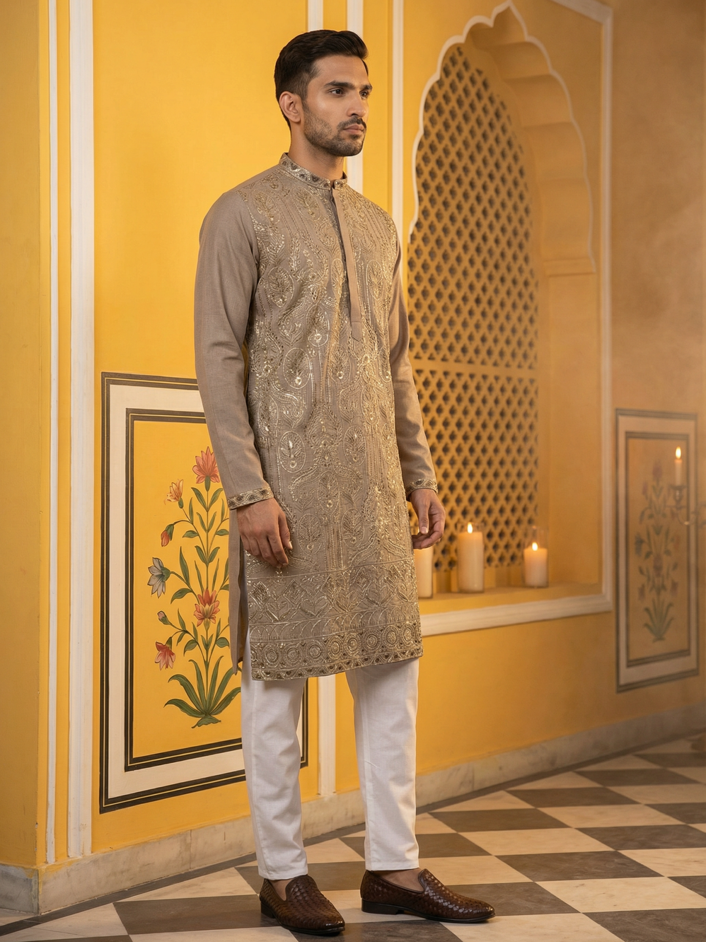 Embroidered Silk Blend Kurta Set for Men ( 65KP 5489Brown ) [FF] [A-1-4]