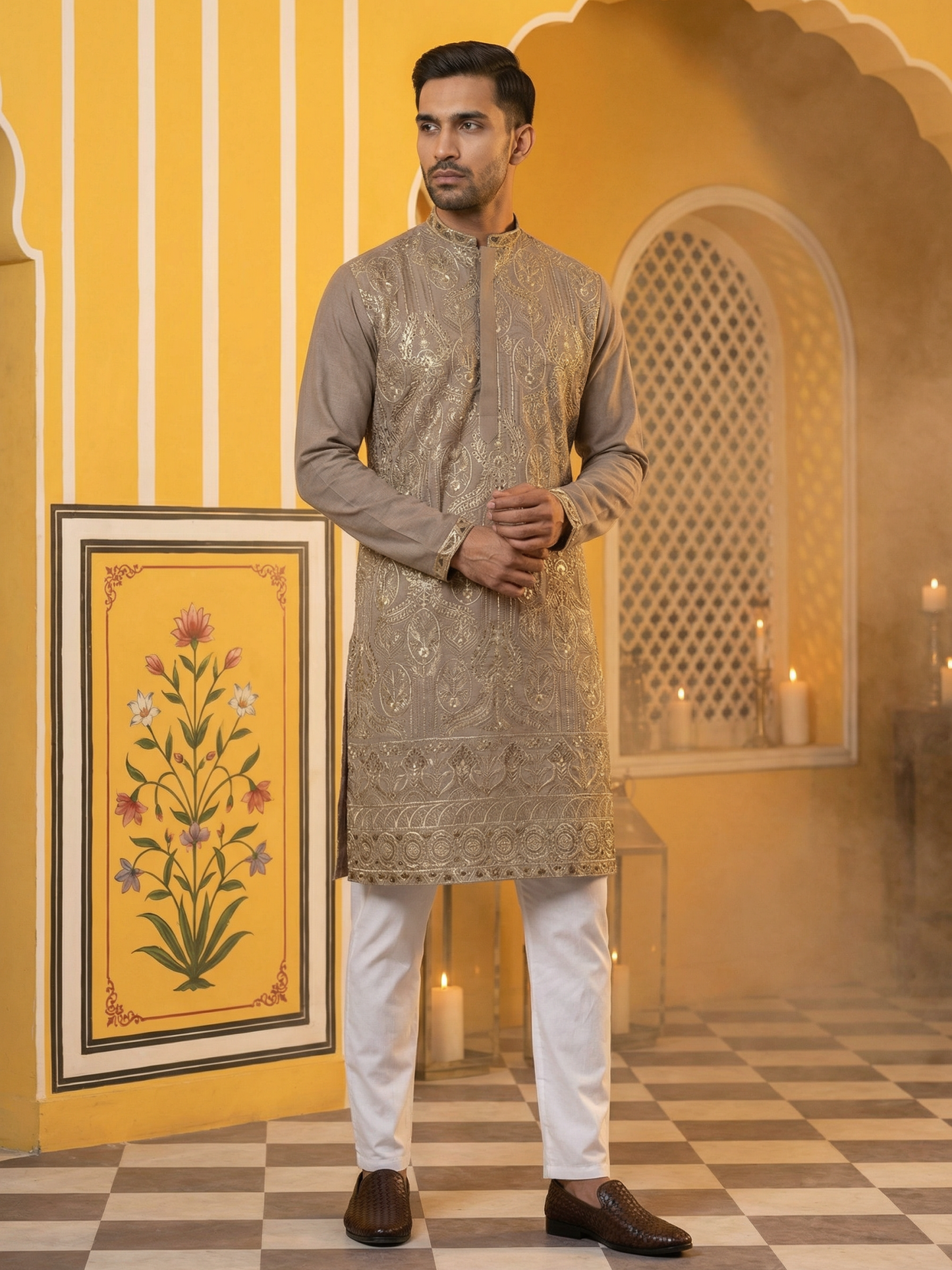 Embroidered Silk Blend Kurta Set for Men ( 65KP 5489Brown ) [FF] [A-1-4]