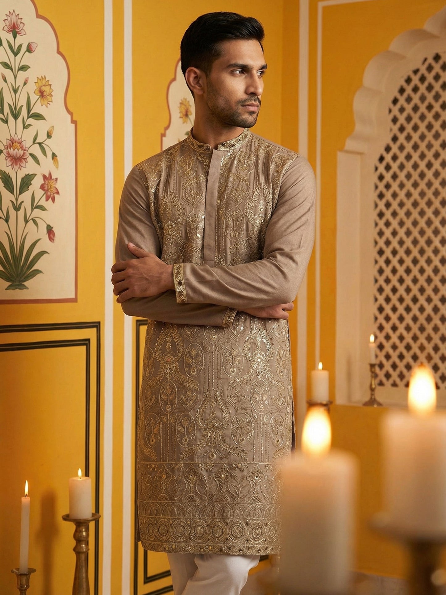 Embroidered Silk Blend Kurta Set for Men ( 65KP 5489Brown ) [FF] [A-1-4]