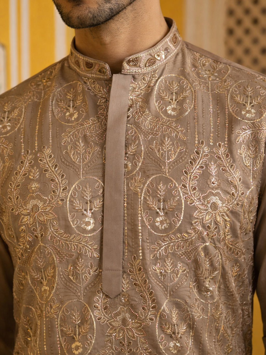 Embroidered Silk Blend Kurta Set for Men ( 65KP P 5489Brown ) [FF] [A-1-4]