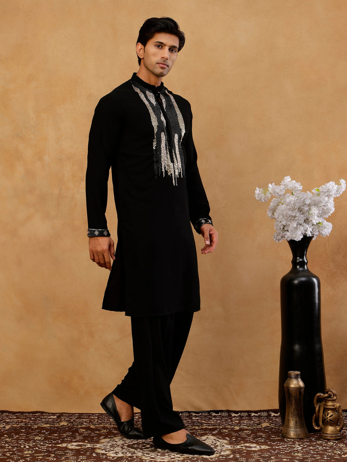 Japanese Fabric Embroidered Kurta with Korean Pants ( 65KP PJ11B F 5497 Black )