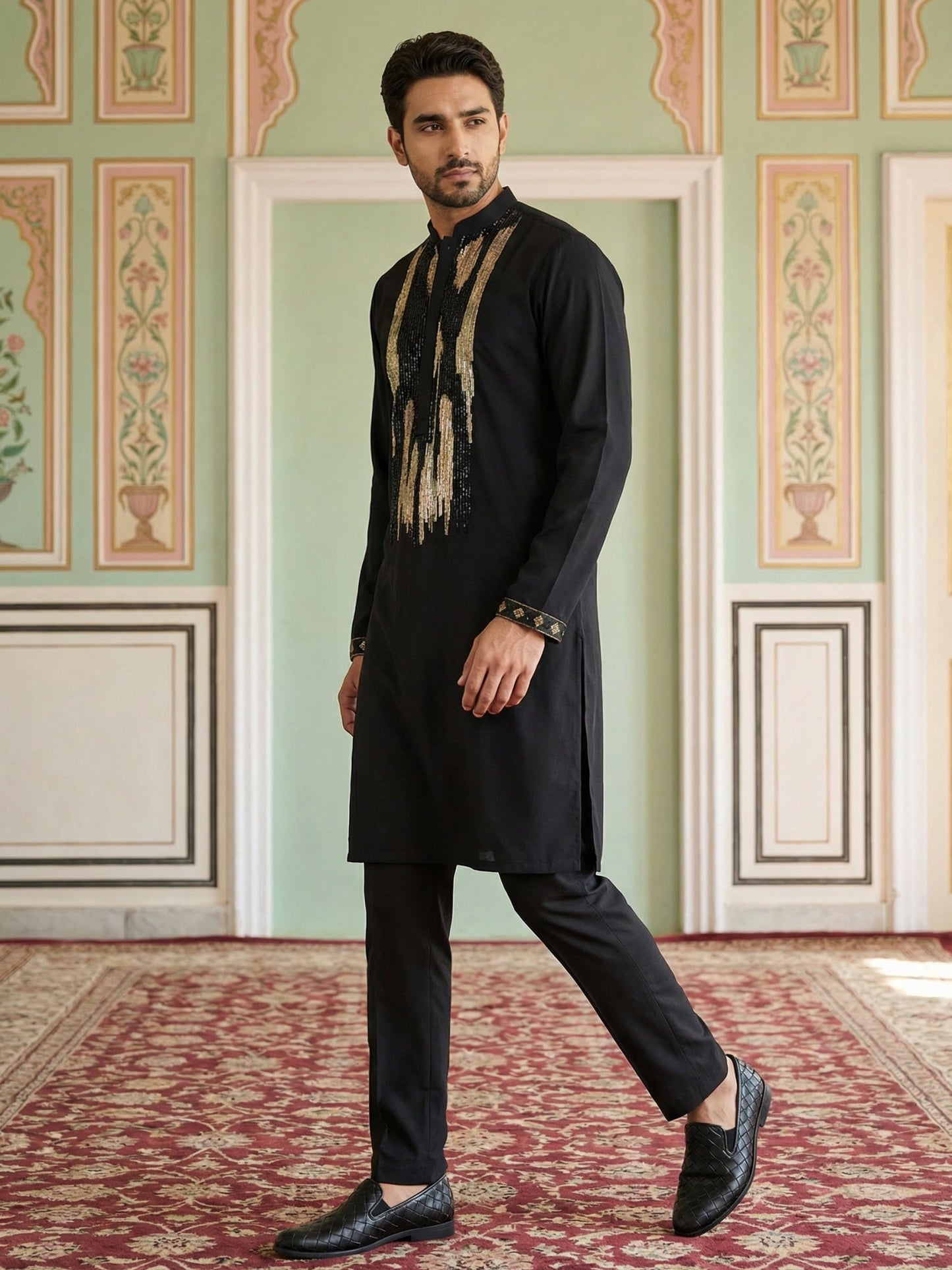 Japanese Fabric Embroidered Kurta Set ( 65KP B-P 5497Black S )