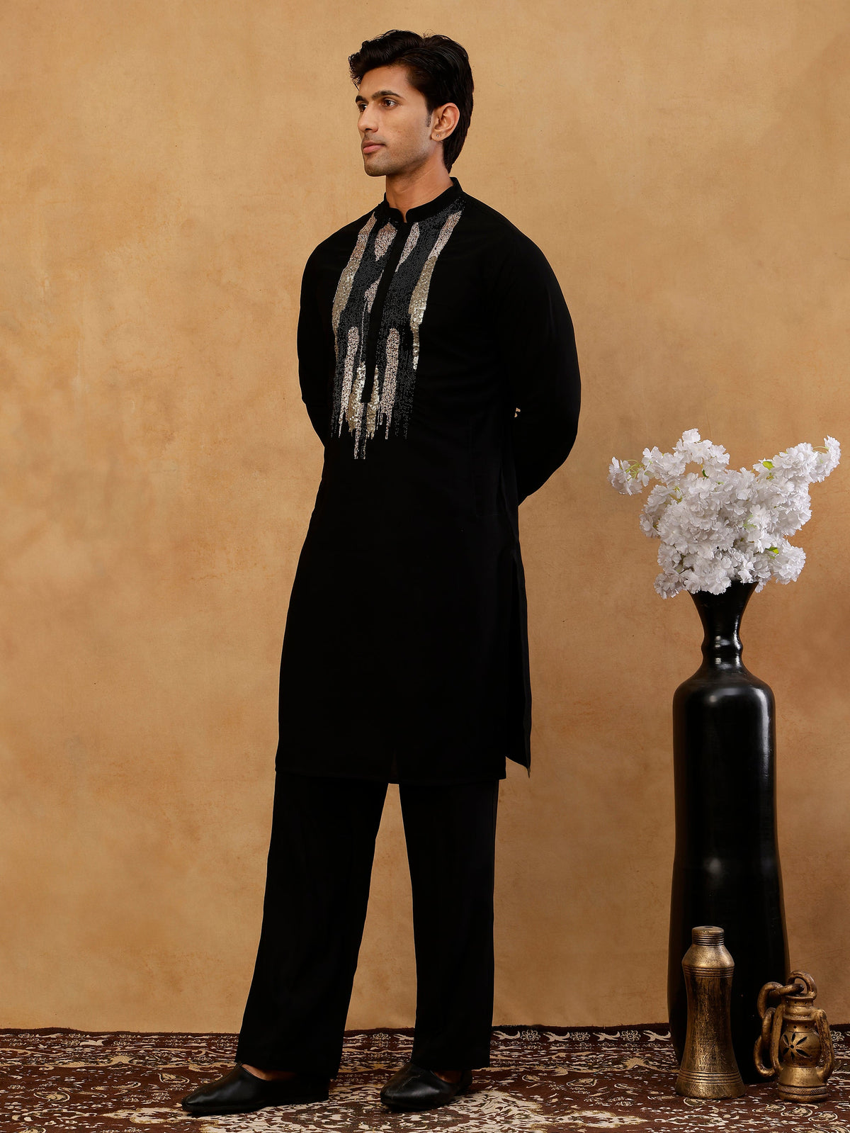 Japanese Fabric Embroidered Kurta with Korean Pants ( 65KP PJ11B F 5497 Black )