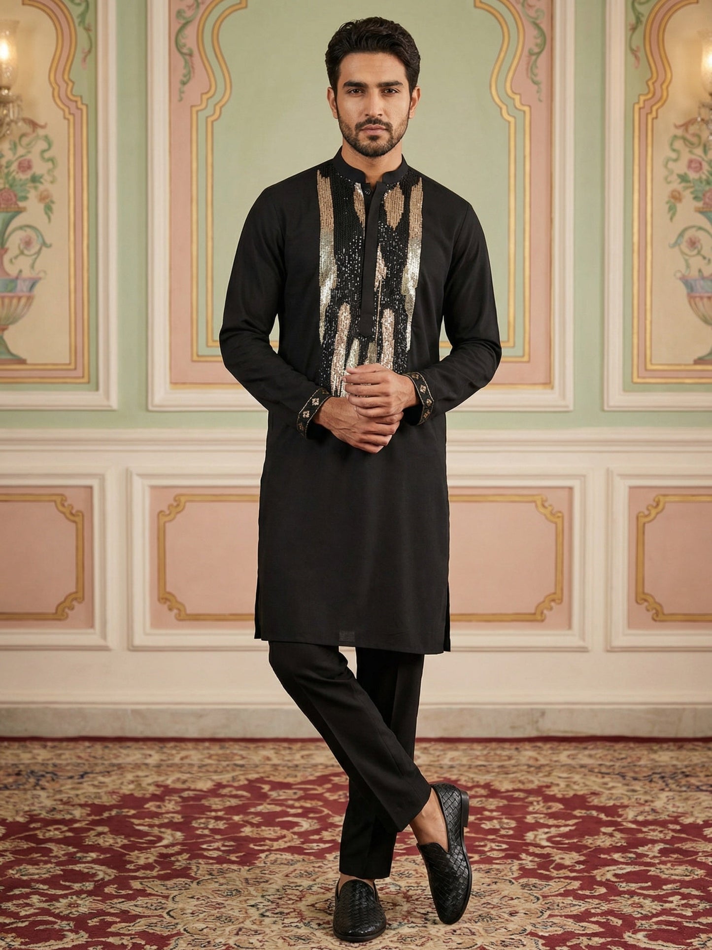 Japanese Fabric Embroidered Kurta Set ( 65KP B-P 5497Black S )