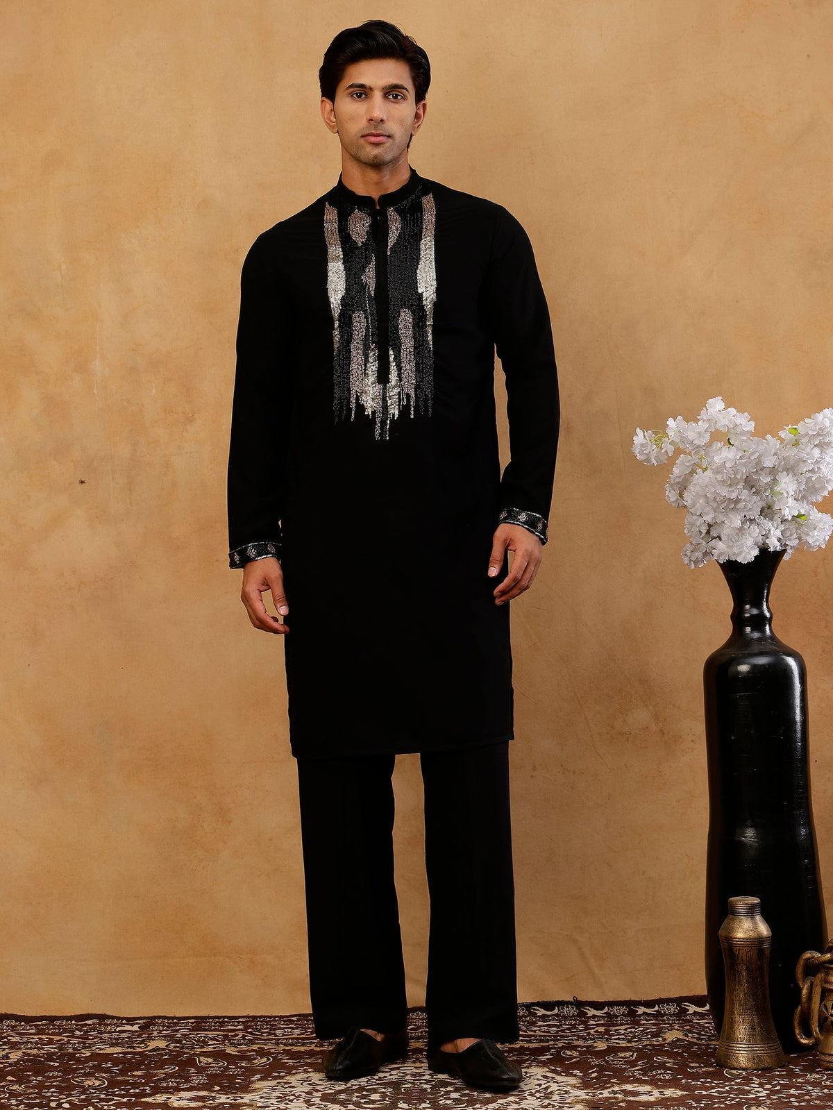 Japanese Fabric Embroidered Kurta with Korean Pants ( 65KP PJ11B F 5497 Black )