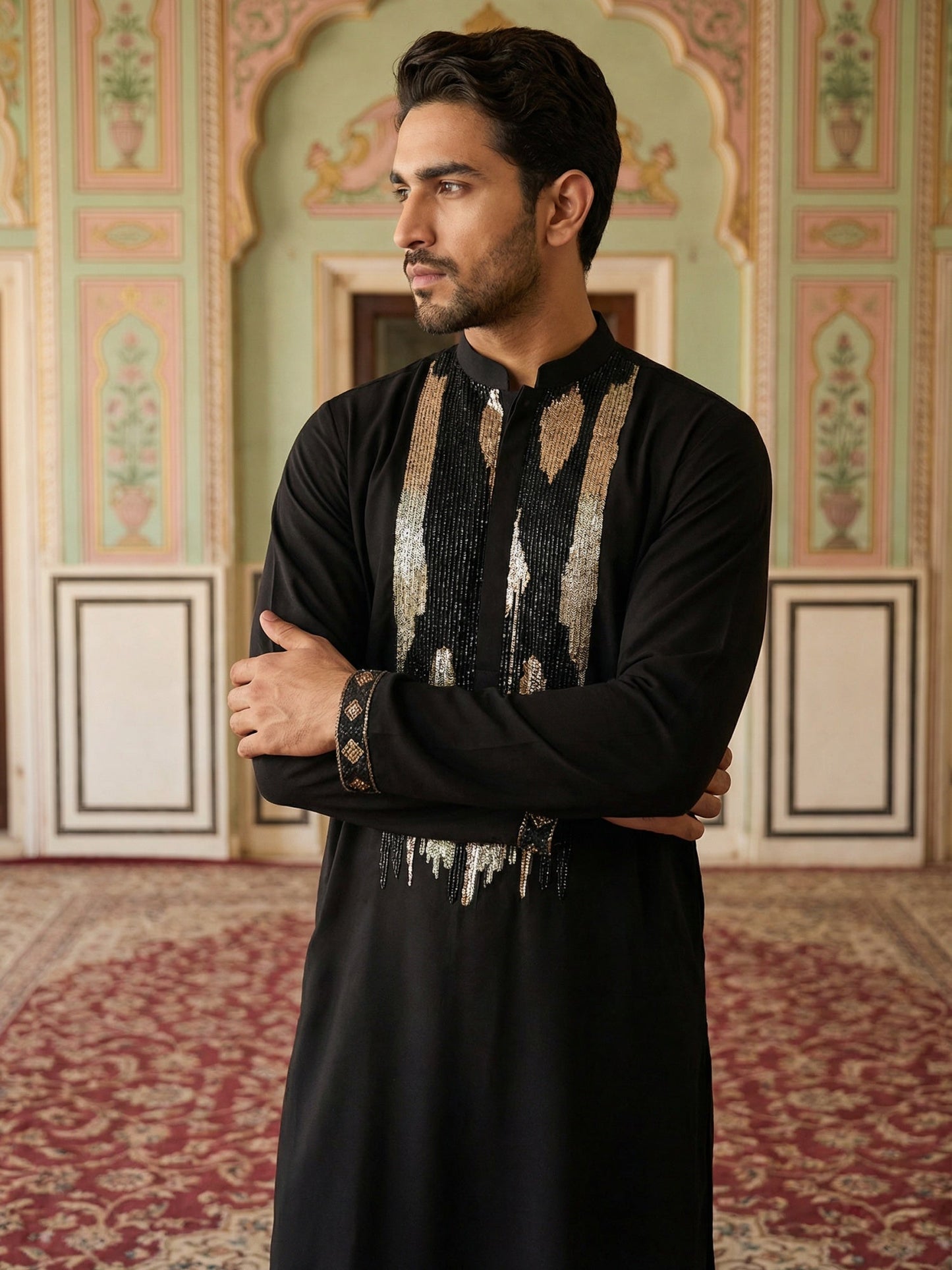 Japanese Fabric Embroidered Kurta Set ( 65KP B-P 5497Black S )