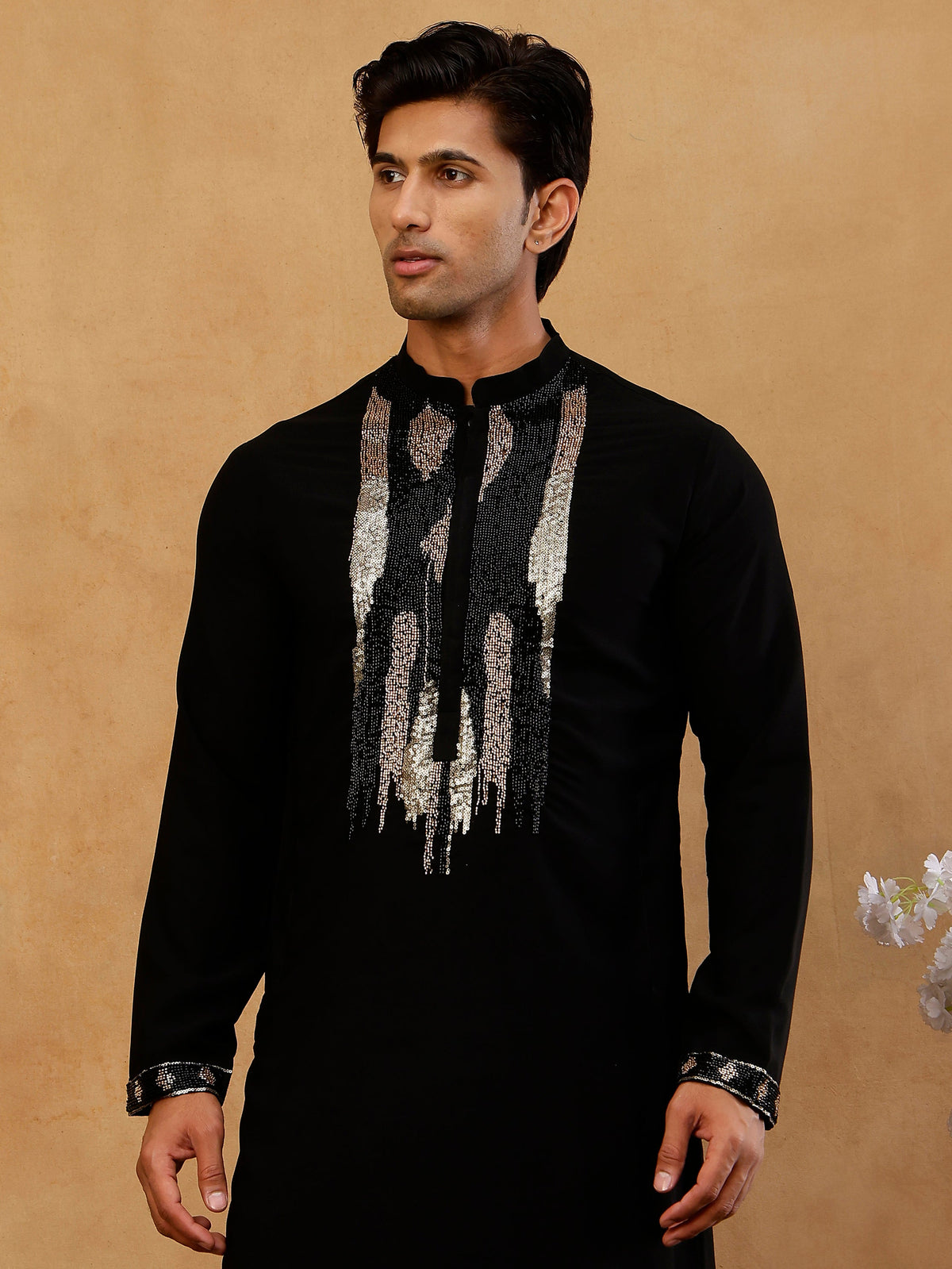 Japanese Fabric Embroidered Kurta with Korean Pants ( 65KP PJ11B F 5497 Black )