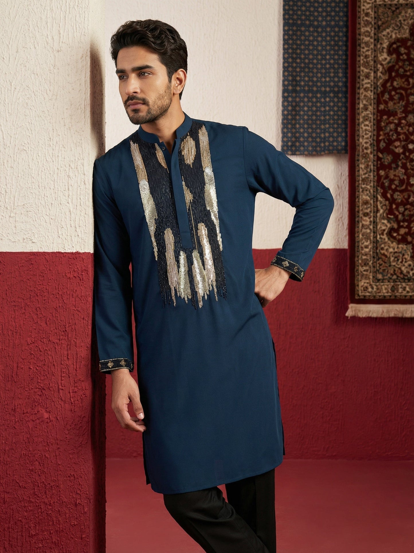 Japanese Fabric Embroidered Kurta Set ( 65KP B-P 5497Peacock S )