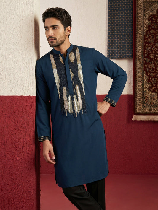 Japanese Fabric Embroidered Kurta Set ( 65KP B-P 5497Peacock S )