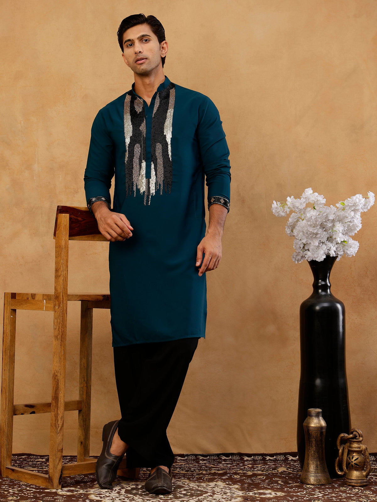 Japanese Fabric Embroidered Kurta with Korean Pants ( 65KP PJ11B F 5497 Peacock )