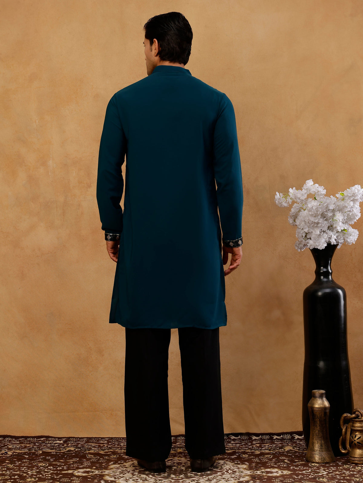 Japanese Fabric Embroidered Kurta with Korean Pants ( 65KP PJ11B F 5497 Peacock )
