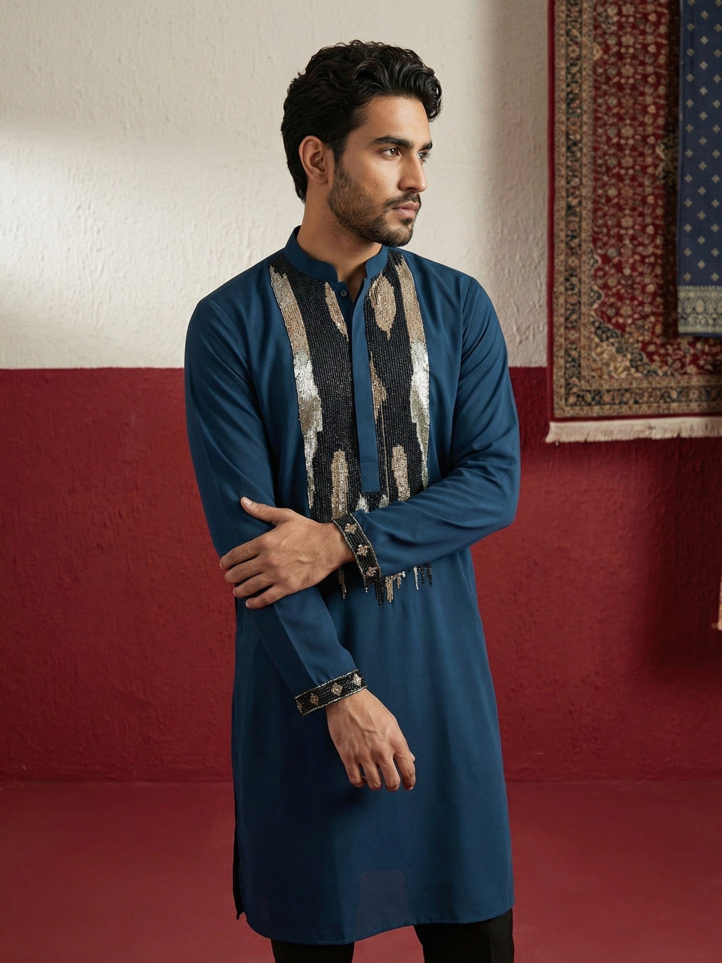 Japanese Fabric Embroidered Kurta Set ( 65KP B-P 5497Peacock S )