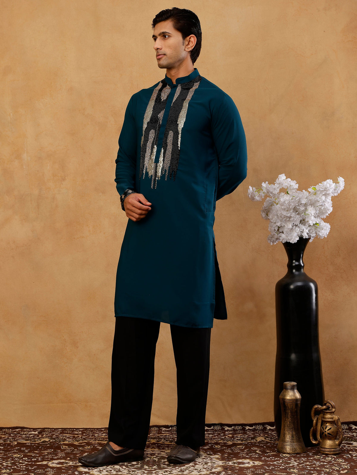 Japanese Fabric Embroidered Kurta with Korean Pants ( 65KP PJ11B F 5497 Peacock )