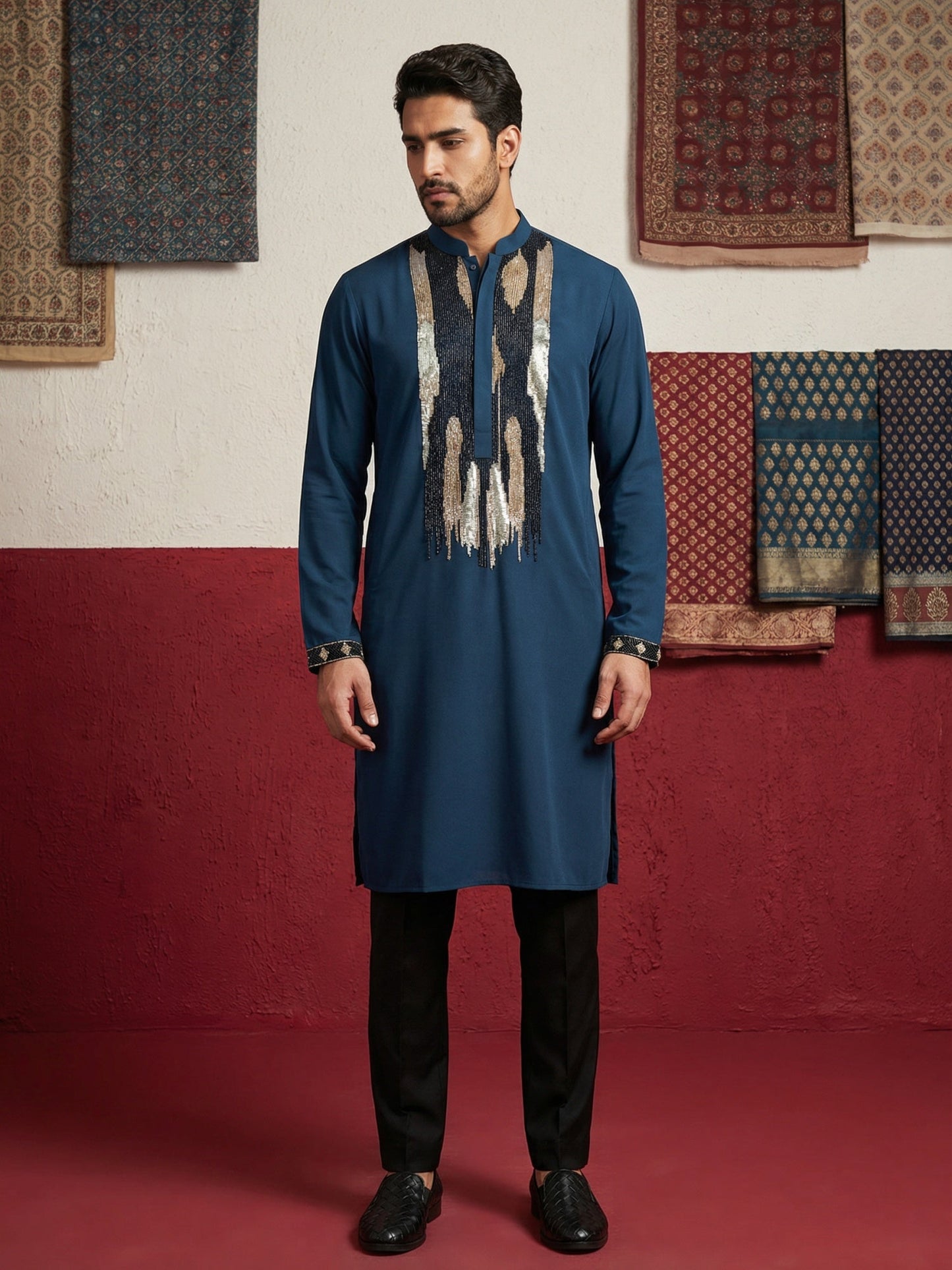 Japanese Fabric Embroidered Kurta Set ( 65KP B-P 5497Peacock S )