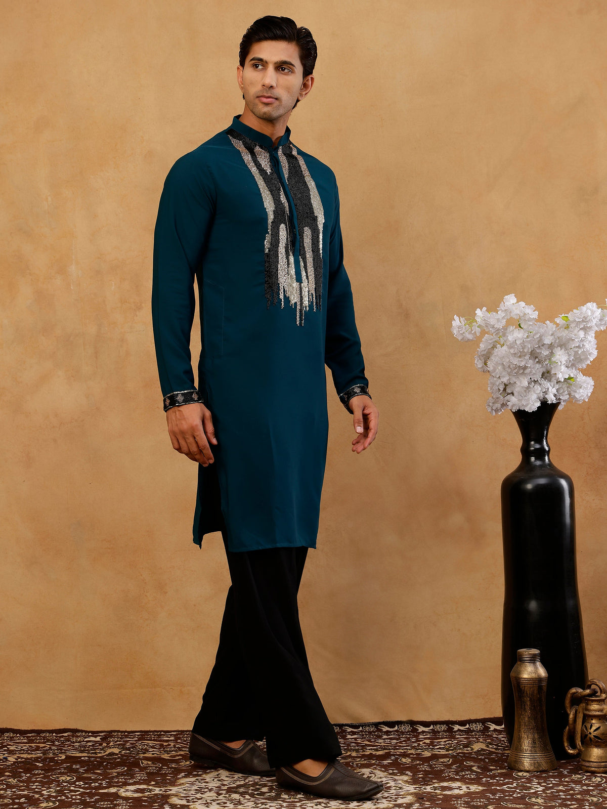 Japanese Fabric Embroidered Kurta with Korean Pants ( 65KP PJ11B F 5497 Peacock )
