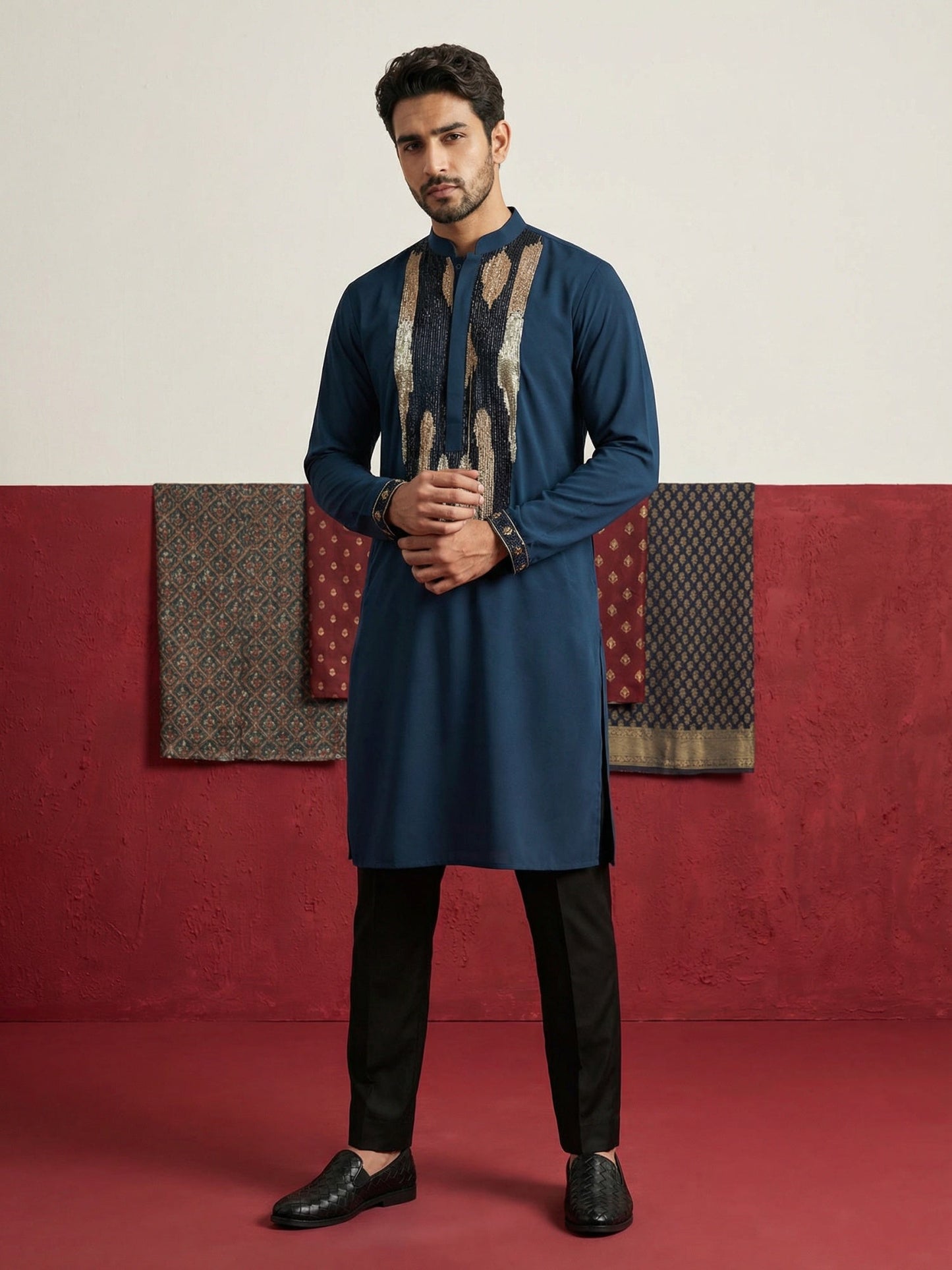 Japanese Fabric Embroidered Kurta Set ( 65KP B-P 5497Peacock S )