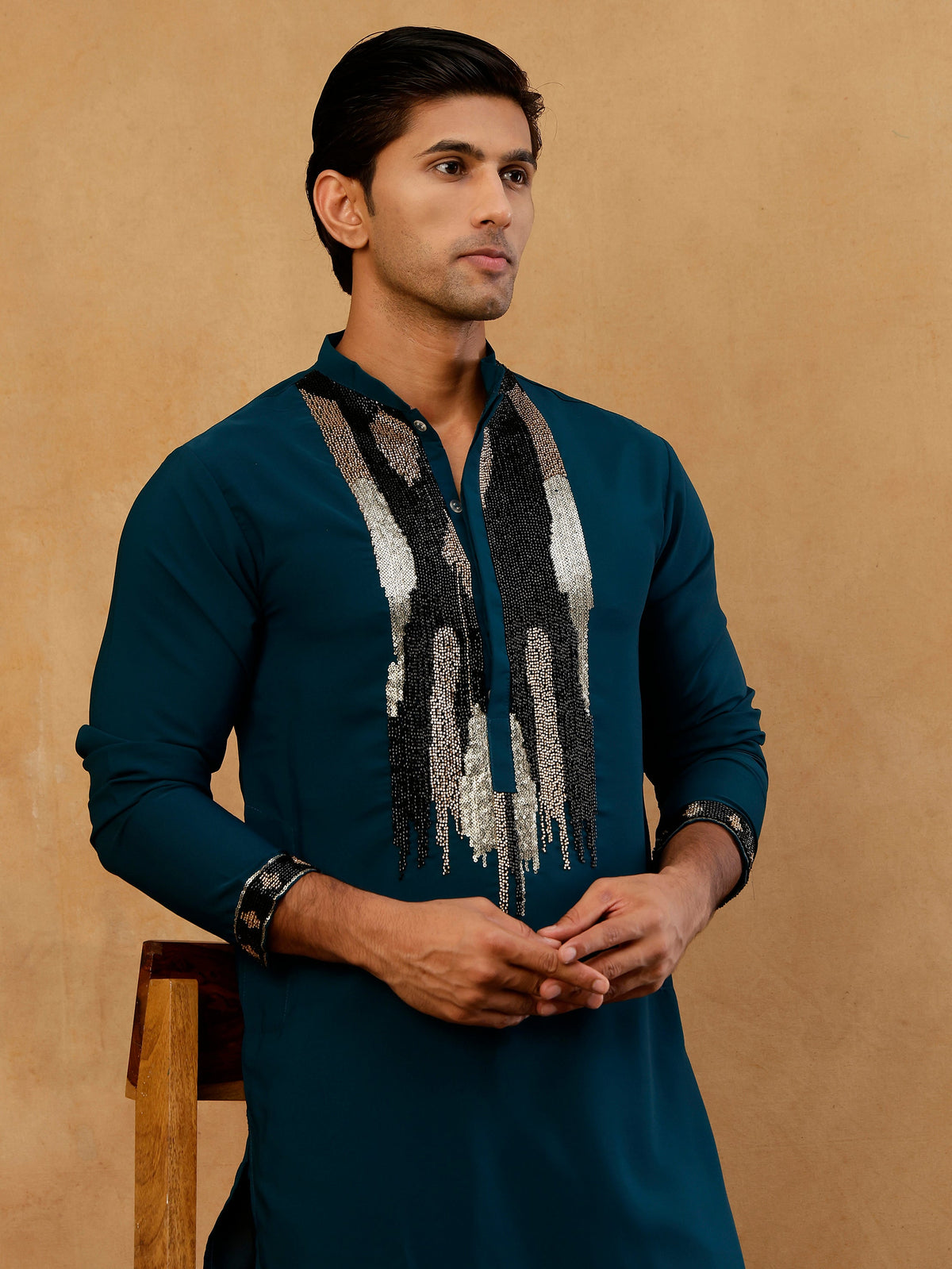 Japanese Fabric Embroidered Kurta with Korean Pants ( 65KP PJ11B F 5497 Peacock )