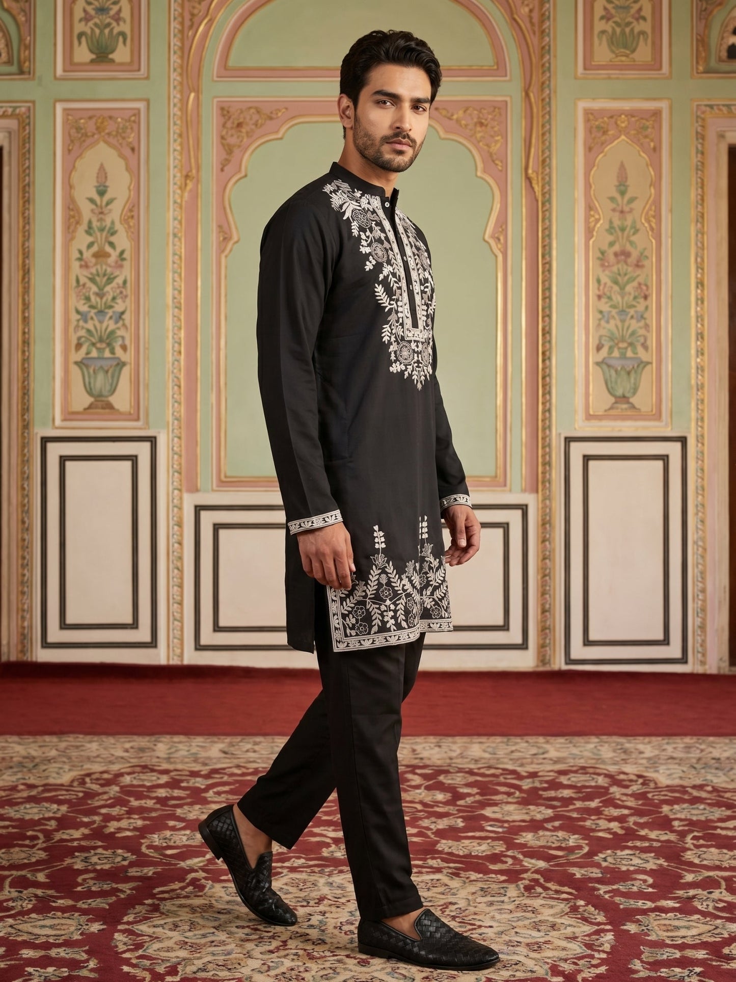 Men Japanese Fabric Embroidered Kurta Set ( 65KP B-P 5498Black )