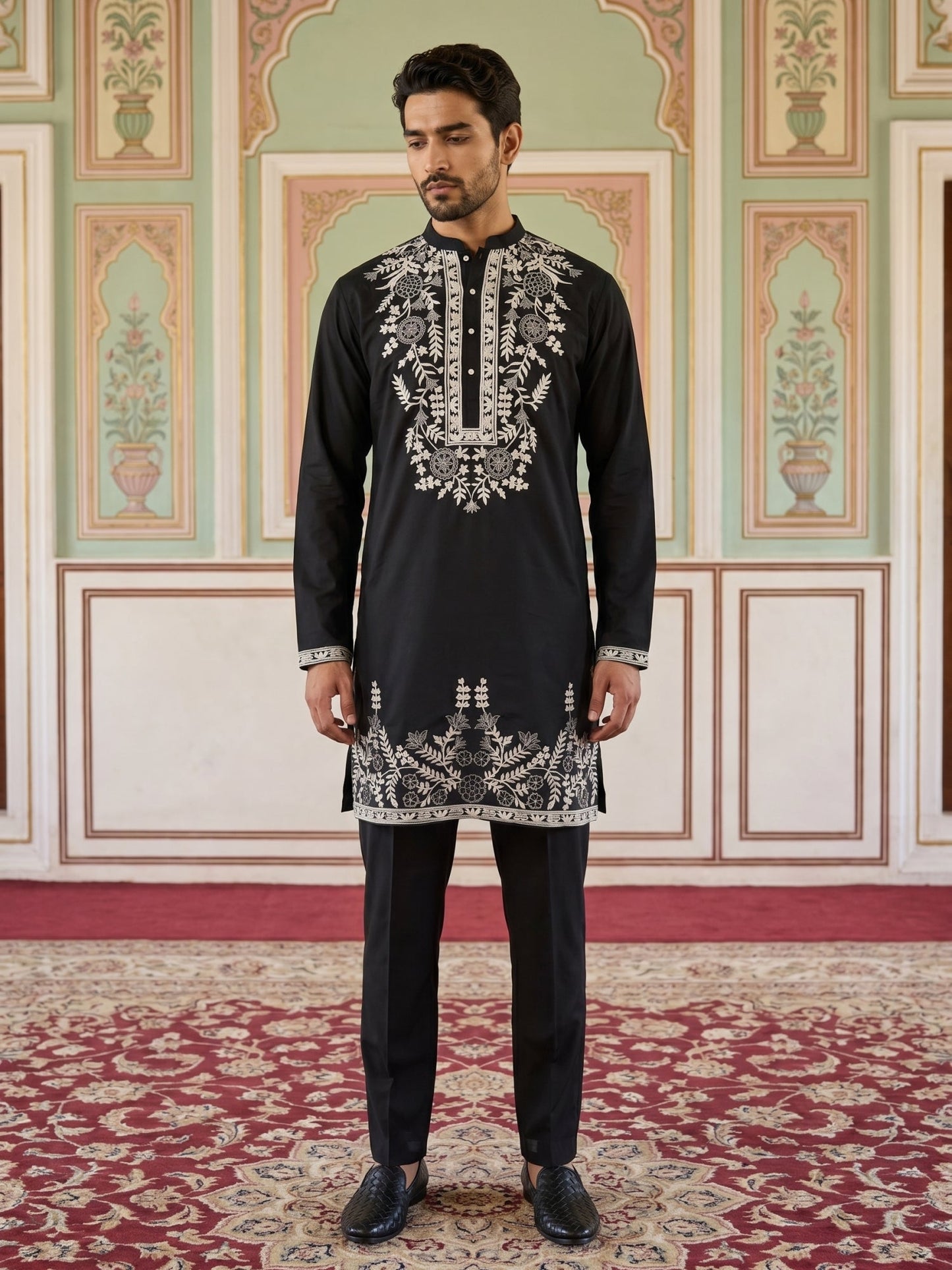 Men Japanese Fabric Embroidered Kurta Set ( 65KP B-P 5498Black )