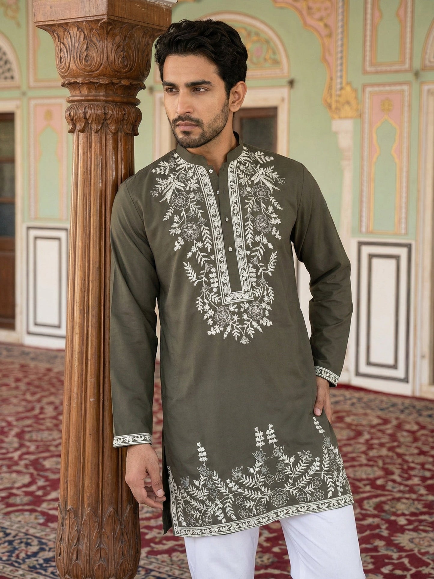 Men Japanese Fabric Embroidered Kurta Set ( 65KP 5498Mehndi S ) [FF] [P-15-14]