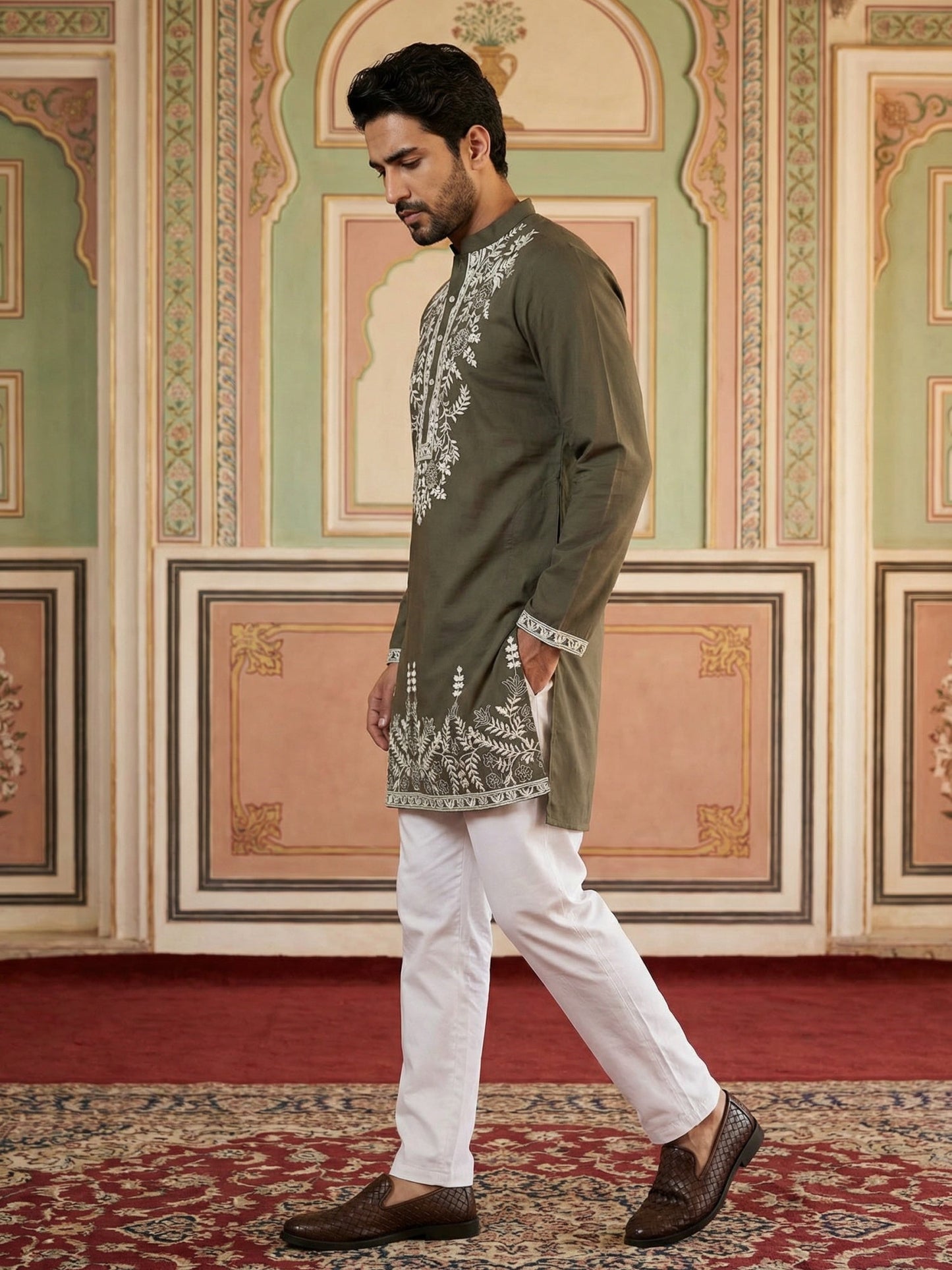 Men Japanese Fabric Embroidered Kurta Set ( 65KP 5498Mehndi S ) [FF] [P-15-14]