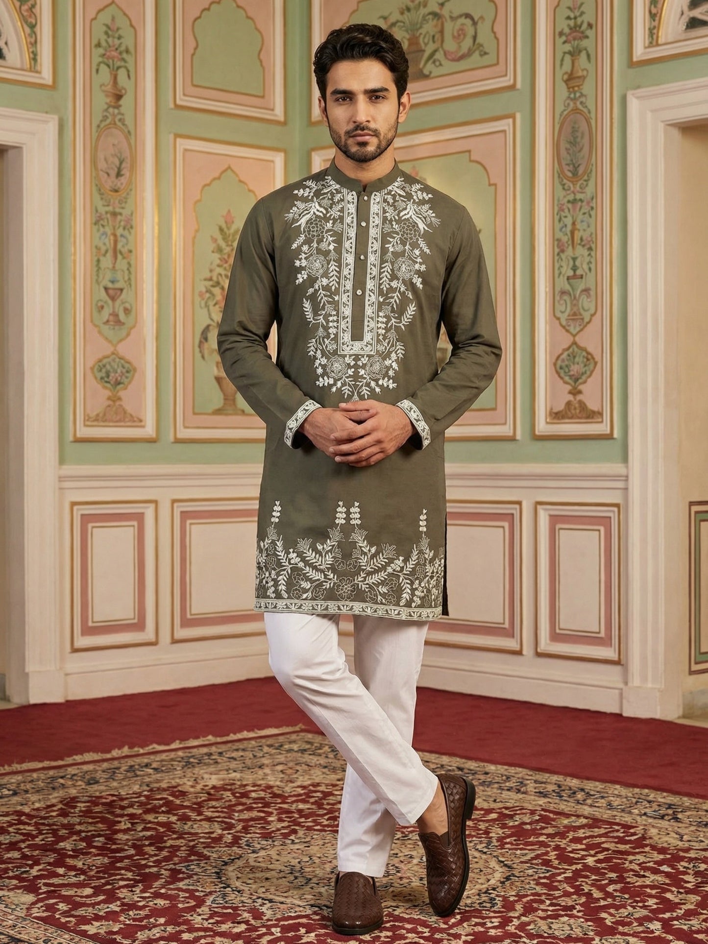 Men Japanese Fabric Embroidered Kurta Set ( 65KP 5498Mehndi S ) [FF] [P-15-14]