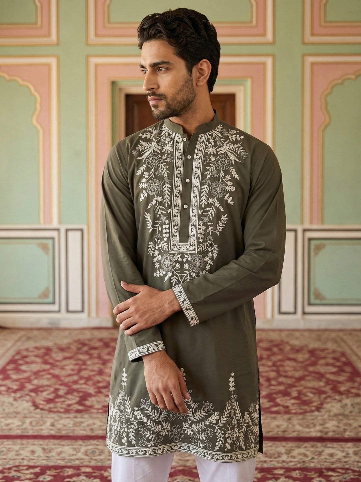 Men Japanese Fabric Embroidered Kurta Set ( 65KP 5498Mehndi S ) [FF] [P-15-14]