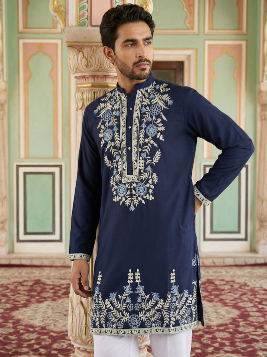 Men Japanese Fabric Embroidered Kurta Set ( 65KP 5498Navy S ) [FF] [P-15-14]