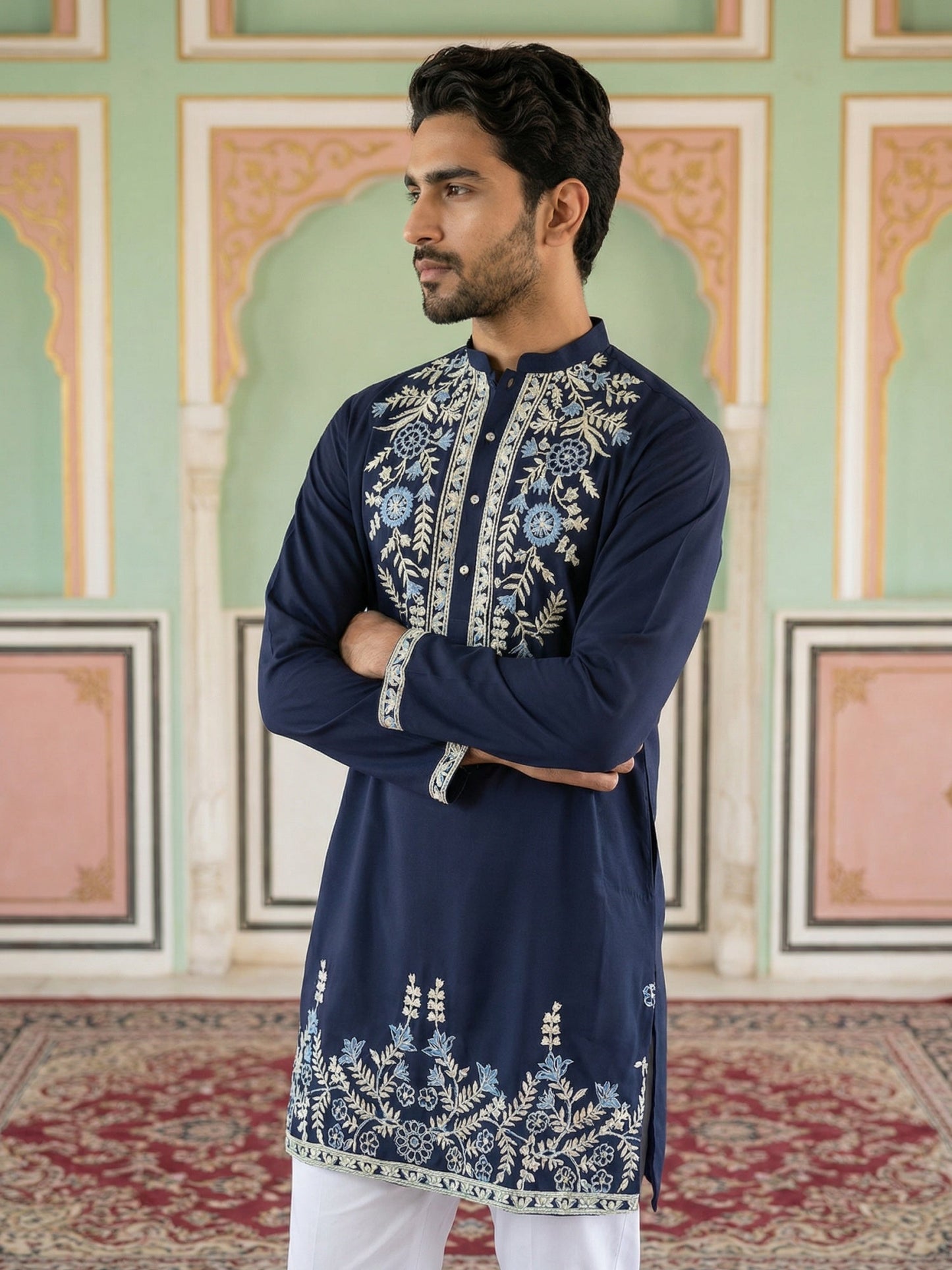 Men Japanese Fabric Embroidered Kurta Set ( 65KP 5498Navy S ) [FF] [P-15-14]