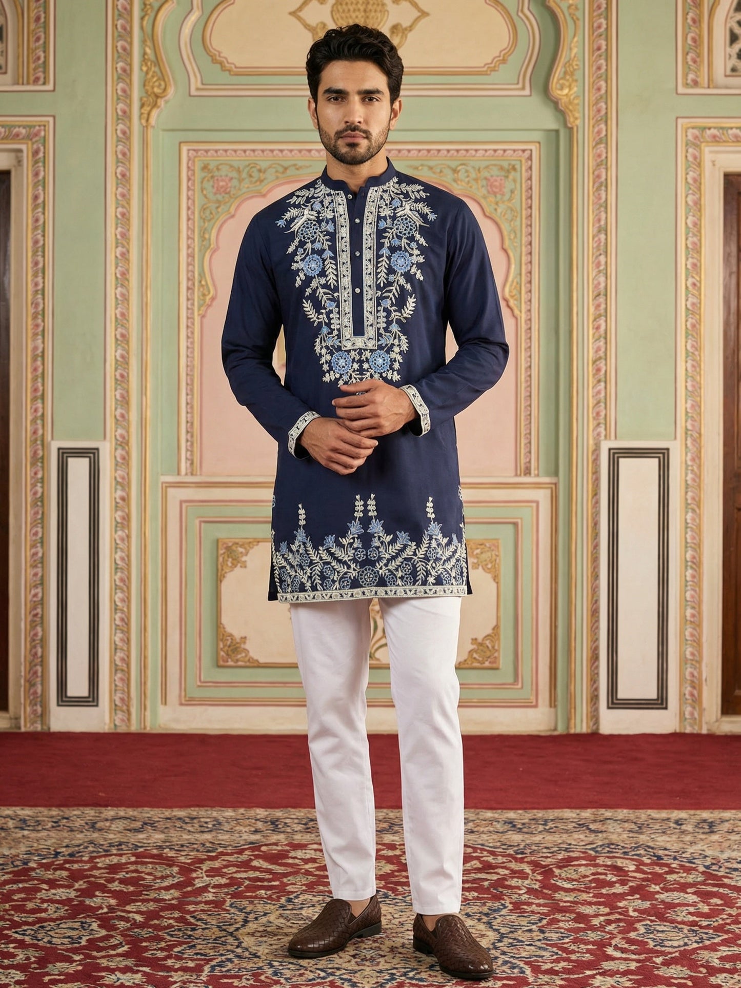 Men Japanese Fabric Embroidered Kurta Set ( 65KP 5498Navy S ) [FF] [P-15-14]