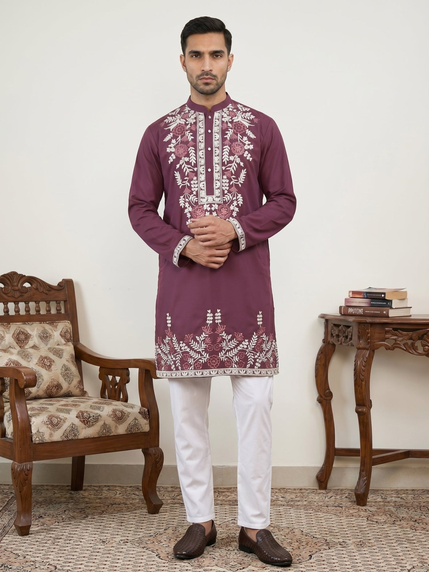 Men Japanese Fabric Embroidered Kurta Set ( 65KP P 5498Wine )