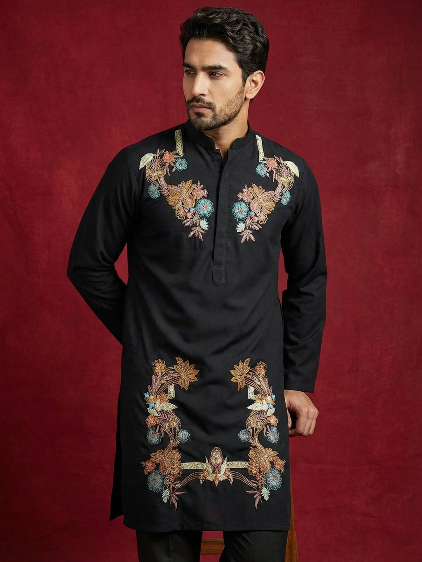 Japanese Imported Fabric Embroidered Kurta Set ( 65KP B-P 5499Black S )