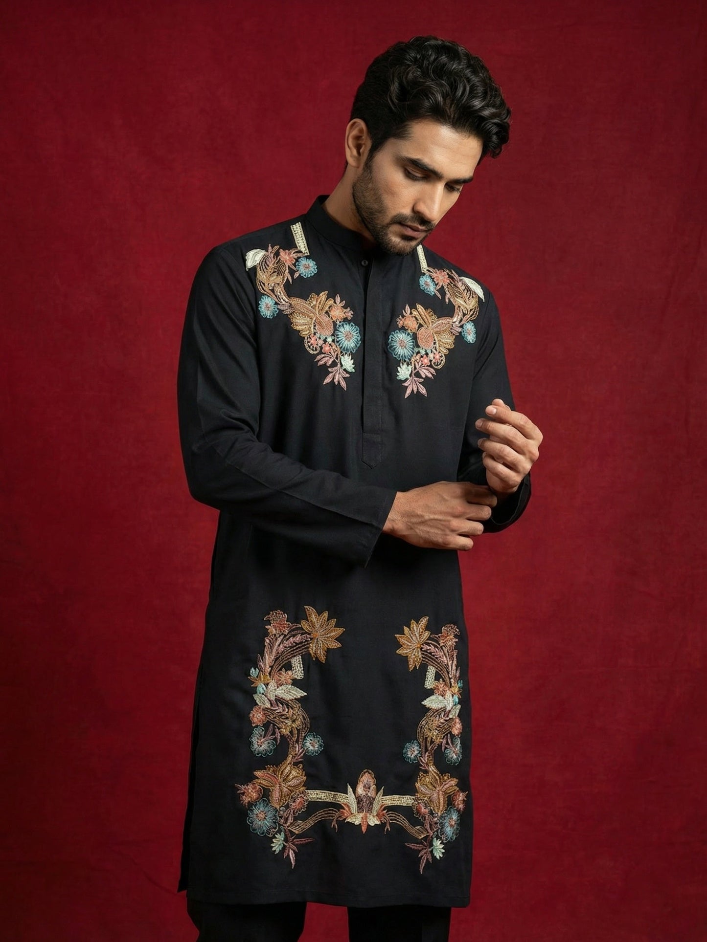 Japanese Imported Fabric Embroidered Kurta Set ( 65KP B-P 5499Black S )