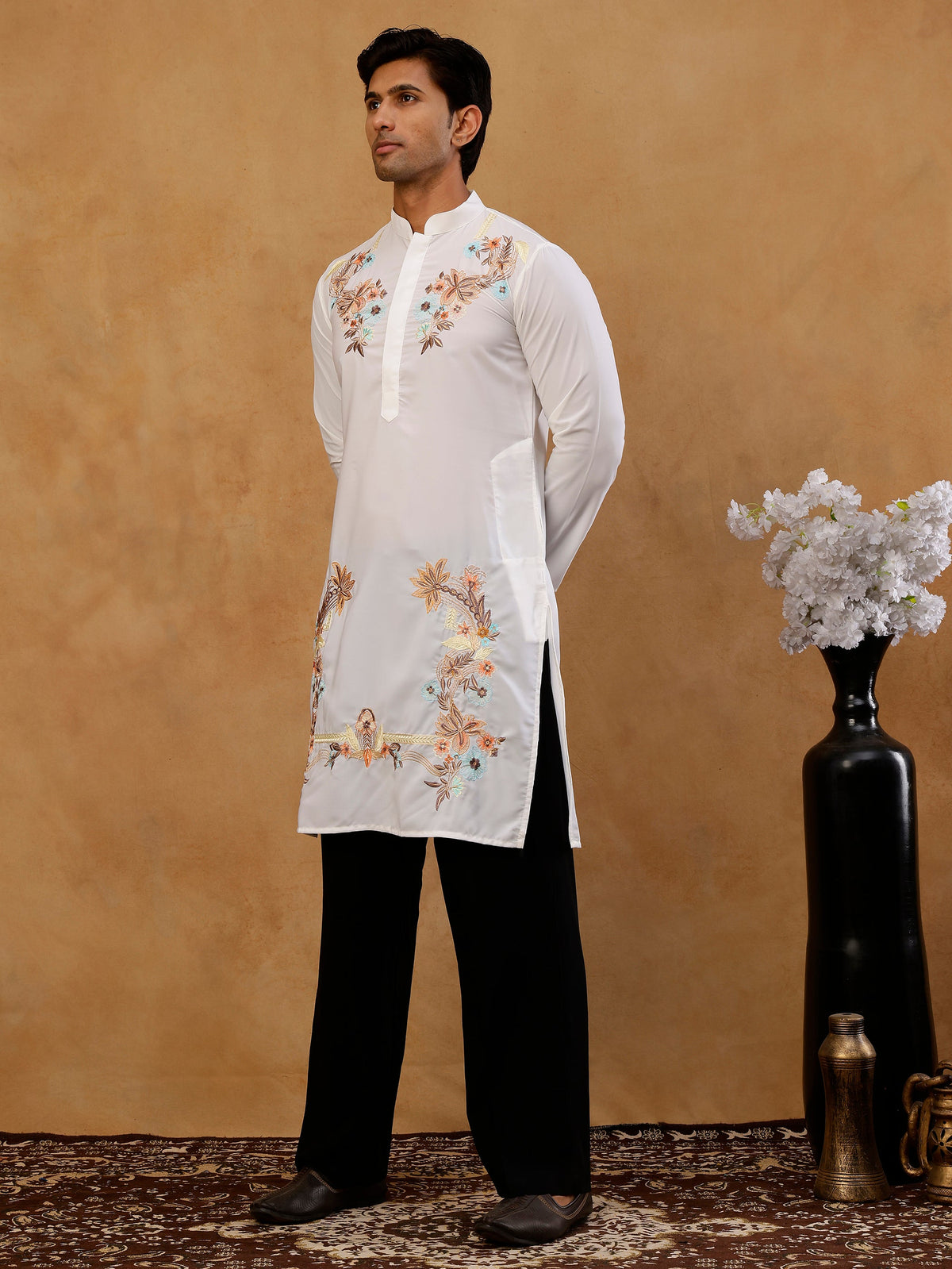 Japanese Fabric Embroidered Kurta with Korean Pants ( 65KP PJ11B F 5499 White )