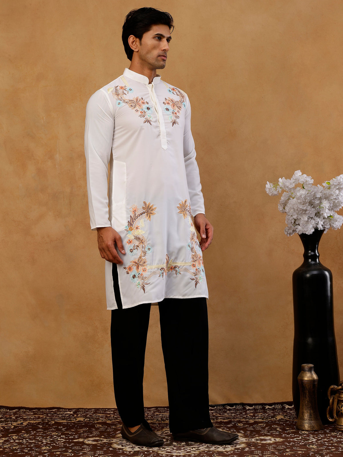 Japanese Fabric Embroidered Kurta with Korean Pants ( 65KP PJ11B F 5499 White )